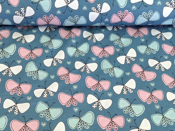Reststück Baumwolljersey Lovly Schmetterling Jeansblau 118 x 145 cm